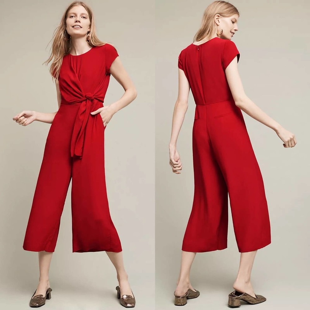 Anthropologie Maeve Red Twist Tie Front Midi Jumpsuit Womens Size 14